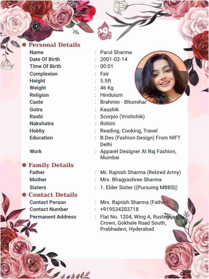 Marriage Biodata format for up bride
