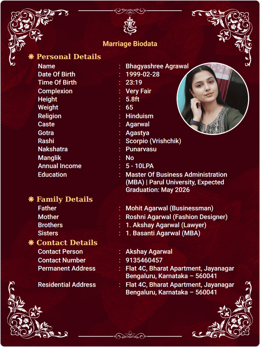 Classic Hindu Marriage Biodata Template