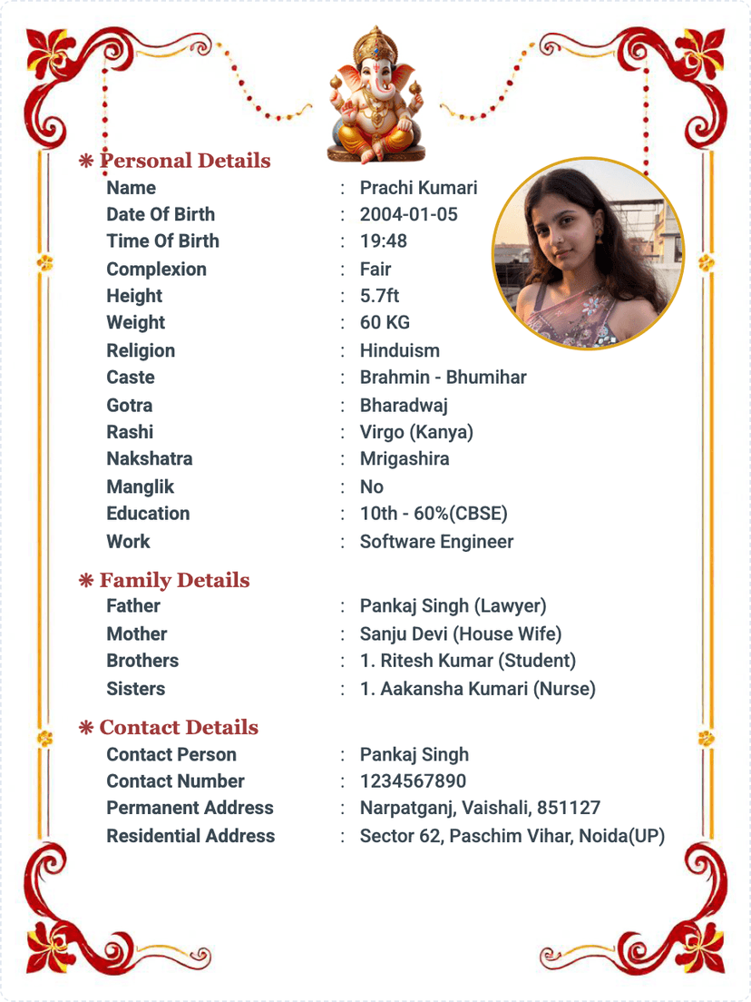 Marriage Biodata Template for Girl - Online PDF Download