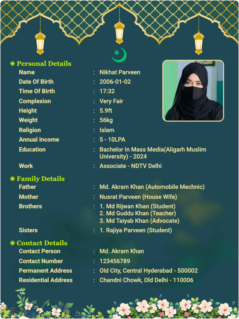 Muslim girl Biodata Format - Download biodata format for Muslim Girl