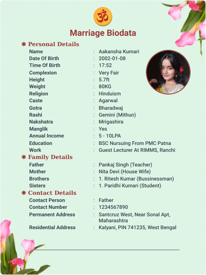 Simple Marriage Biodata Format for free