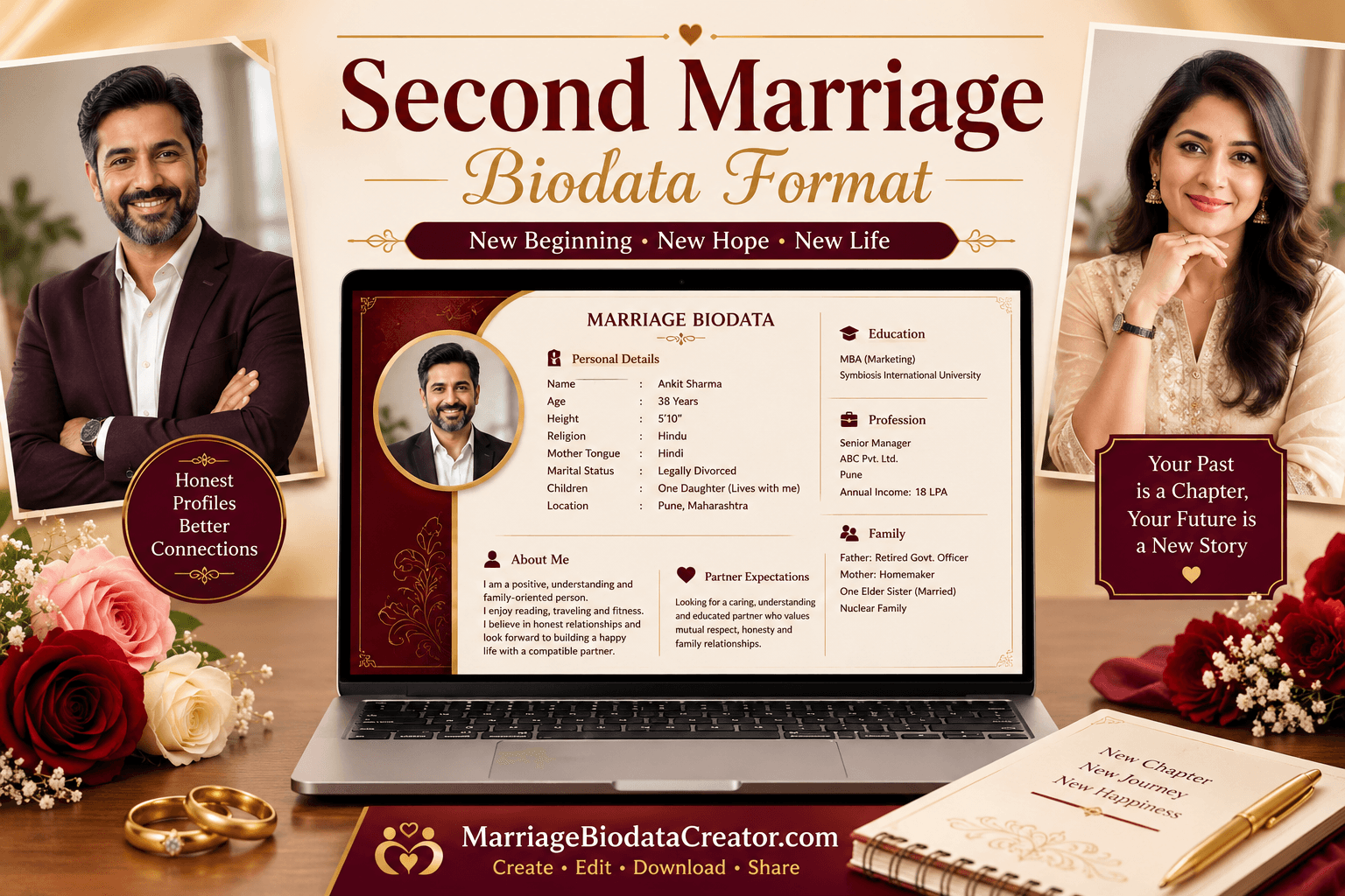 Second Marriage Biodata Format template for divorcee, widow, and widower profiles.
